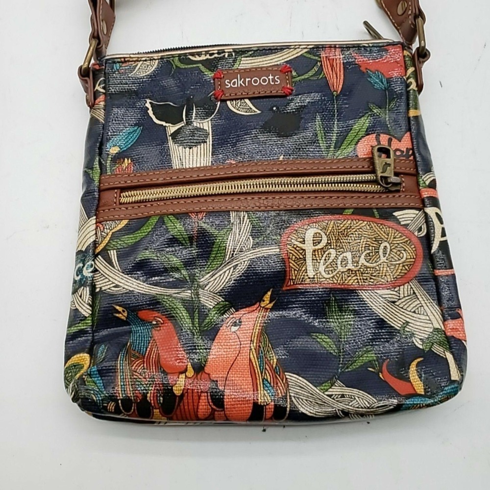 Sakroots Crossbody‎ Bag Womens Medium Multicolor Floral Birds Peace Nature